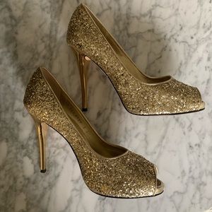 Barney’s NY Gold Glitter Plato Peep-toe Heels